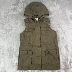 Matty Vest Women's Meduim Hooded Cargo Utility Vest, Army Green Canvas